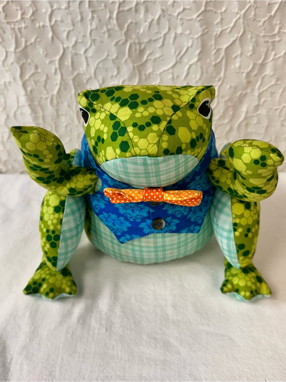 Plush Decorative Frog Toy in Green with Blue Vest and Orange Bow Handmade Stuffe